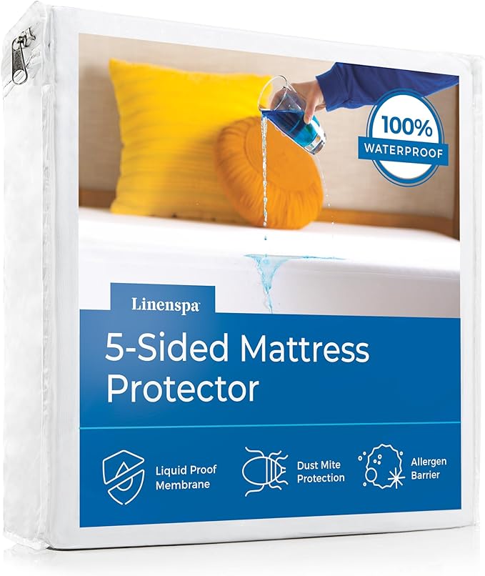 Linenspa 5-Sided Waterproof Mattress Protector – Breathable, Fitted Sheet Style, Machine Washable – Full Size Mattress Protector, White