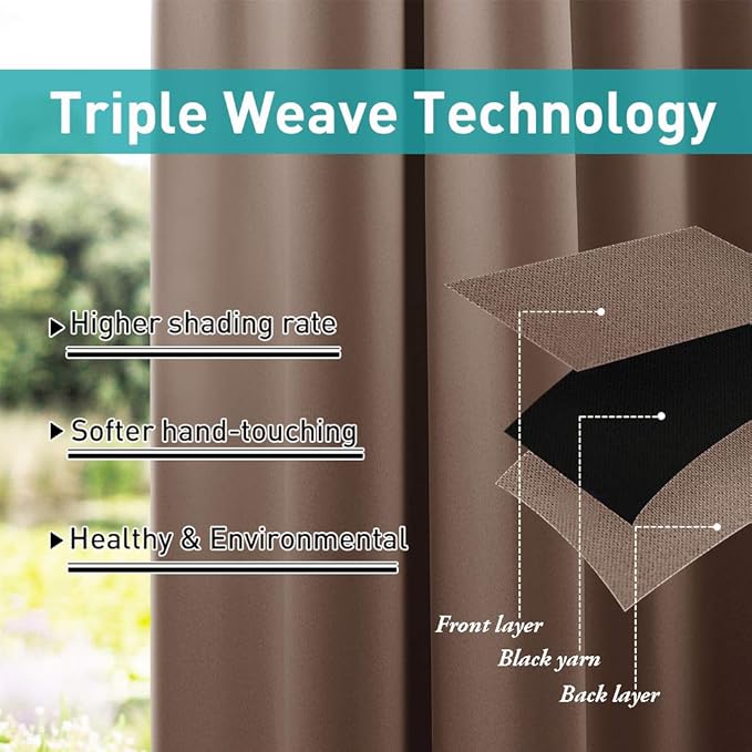 NICETOWN 2 Pieces Outdoor Curtainss for Patio Waterproof Sticky Tab Top, 84 x L108 Extra Wide and Long Blackout Door Blinds Safe Public Dividers Thermal Insulated for Pavilion/Pergola, Tan