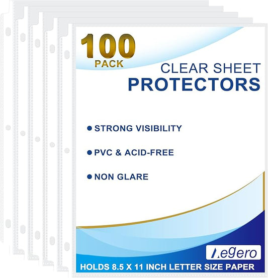 100 Pack Clear Sheet Protectors, 8.5 x 11 inch Page Protectors for 3 Ring Binder,Top Loading Paper Protector for Documents and Photos,Letter Size