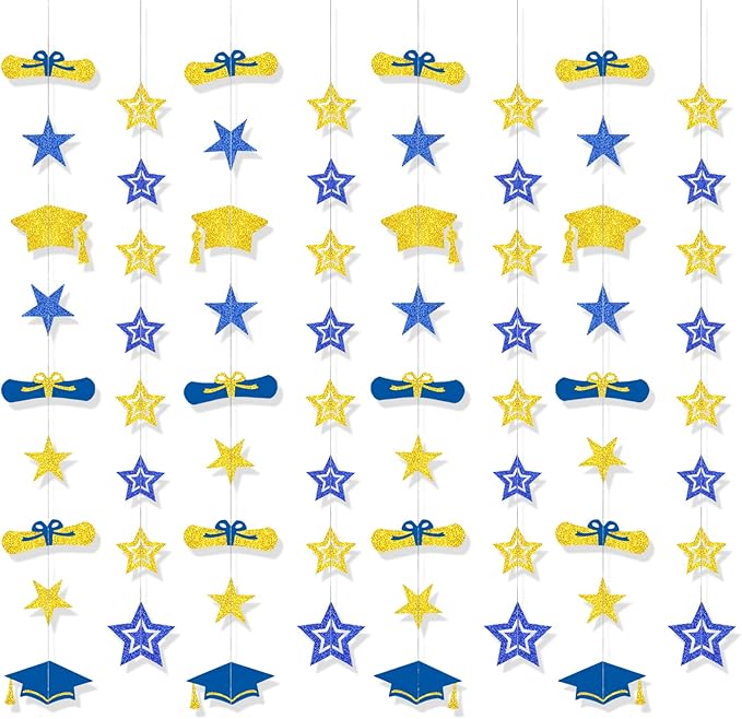 8-Pack 2026 Graduation Party Decorations - Blue Gold Glitter Backdrop with Cap, Diploma & Star Garland Banner Hanging Decor - Perfect for High School, College, and Middle School Graduation Parties