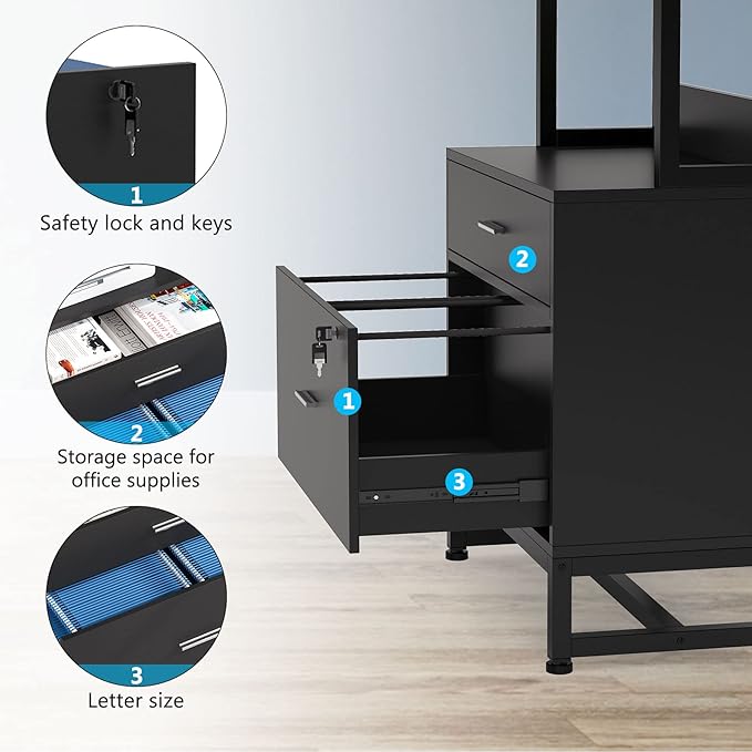 Tribesigns 2 Drawer Vertical File Cabinet with Lock & Bookshelf (Set of 2), Letter Size Large Modern Filing Cabinet Printer Stand with Open Storage Shelves for Home Office, Black
