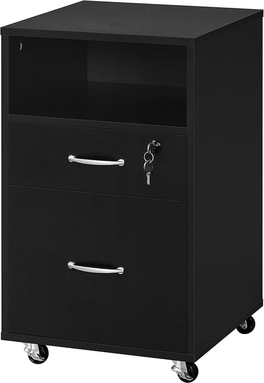Yaheetech File Cabinet, Under Desk Vertical Cabinet with 2 Drawers and Open Compartment, Printer Stand with Lockable Wheels for A4 Letter Size Hangable File Folders for Home Office(Black)