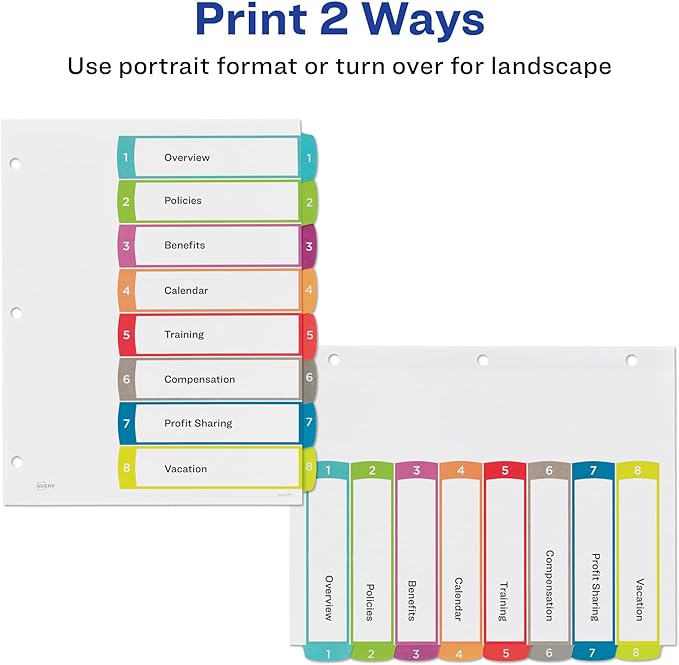 Avery Dividers for 3 Ring Binders, 8 Tabs per Set, Customizable Table of Contents, Multicolor Arched Tabs, Great for Organizing Reports, Projects, and More (11841)