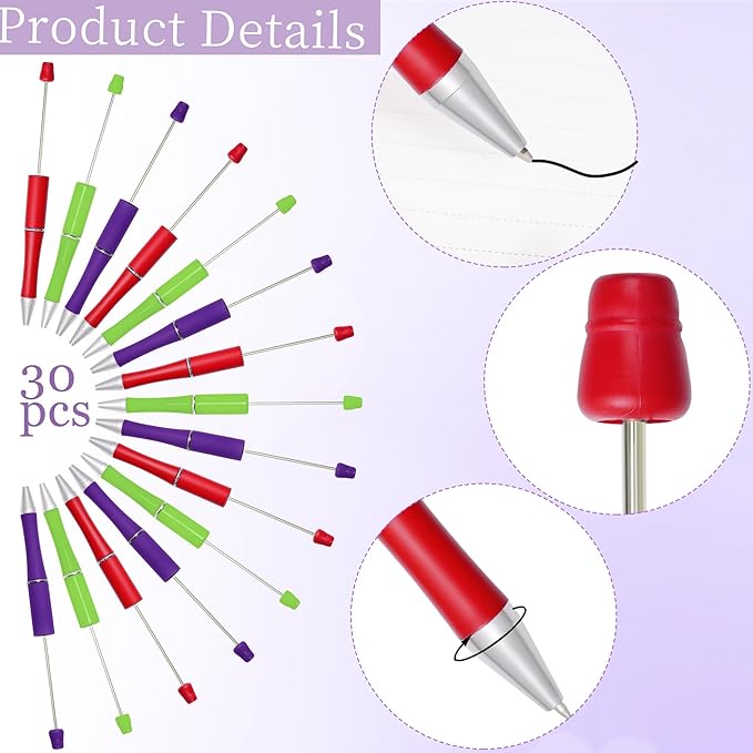 jiebor 30Pcs Halloween Beadable Pens Plastic Bead Ballpoint DIY Cute Cool Pens Black Ink for Women Men Bridal Graduation Gift Office Supplies Purple Green Red