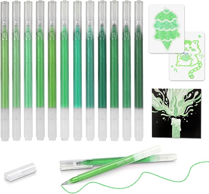 12 Green Glitter Gel Pens Set, 1.0 mm Fine Point for Black Paper & White Paper, Large Capacity Pens for Journaling, Adult Coloring Books, Drawing, Note Taking, Highlighting