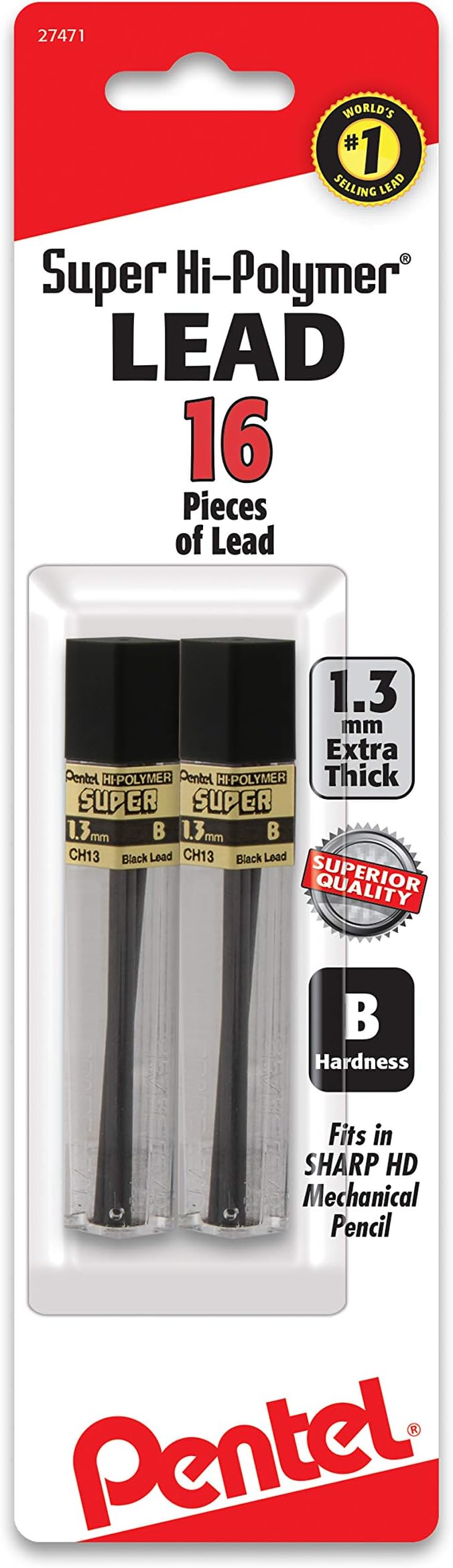 Pentel Super Hi-Polymer Lead Refill (1.3mm) B, 8Pcs/Tube, 2Pk