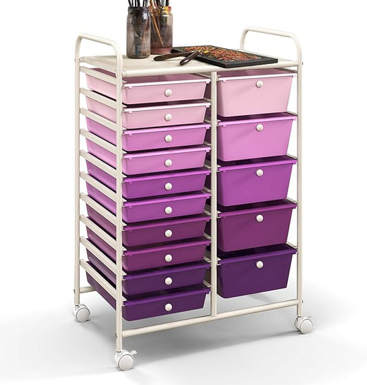 COSTWAY 15 Drawer Rolling Storage Cart, Mobile Utility Cart with Lockable Wheels, Drawers, Multipurpose Organizer Cart for Home, Office, School, Gradient Purple