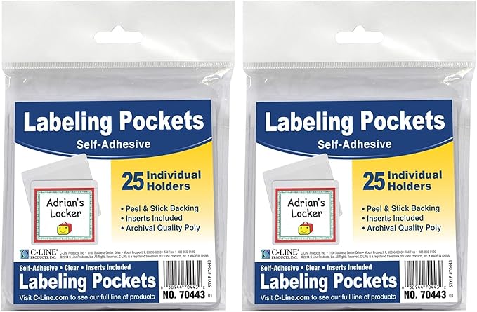 C-Line-70443 Self-Adhesive Labeling Pockets, Pack of 50, 3-1/2 x 2-3/4 in