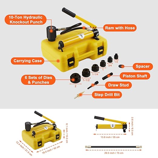 VEVOR 10 Ton Hydraulic Knockout Punch Kit, 1/2" to 2" Conduit Hole Cutter Set, KO Tool Kits W/Puncher 6 Piece, Metal Sheet Driver Tools, for Aluminum, Brass, Stainless Steel, Fiberglass and Plastic