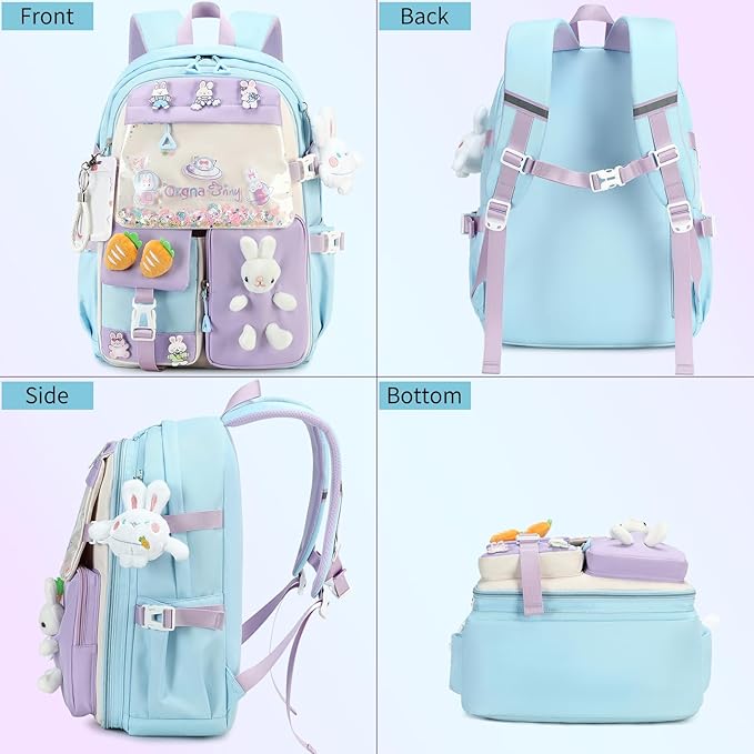 Backpack for Girls Cute Bookbag Set with Lunch Box Pencil Case Kawaii Bunny School Backpacks for Girl 3 Pcs Kindergarten Elementary Preschool Middle Sequin School Bag for Girls (Blue)