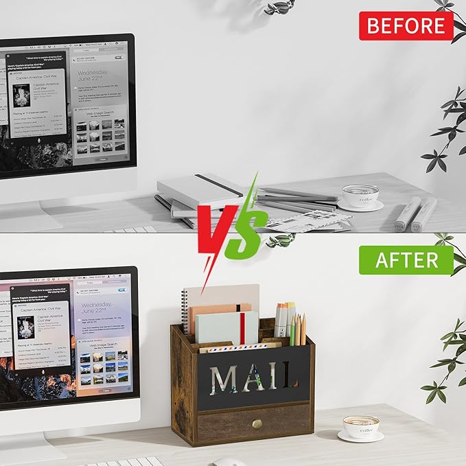 YINMIT Mail Organizer Countertop with 3 Compartments and Drawer, Mail Holder for Desk, Mail Sorter, Mail Organizer Wall Mounted, Countertop Desk Office Accessories Organizer for File Paper Folder