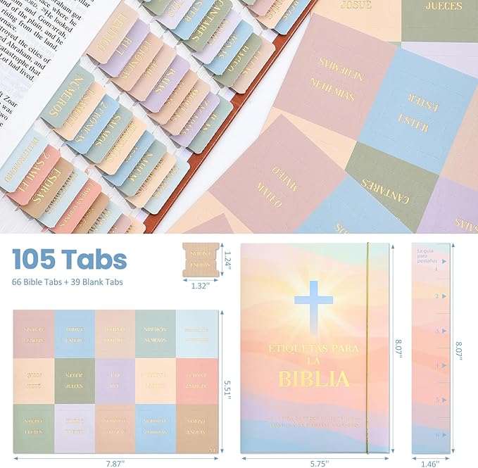 Spanish Bible Tabs, Multicolor 66 Gold Foil Lettering Chapter Labels + 39 Blank Tabs for DIY, Includes Alignment Ruler, Bible Index Stickers in Spanish, Bible Journaling Supplies for Women Study