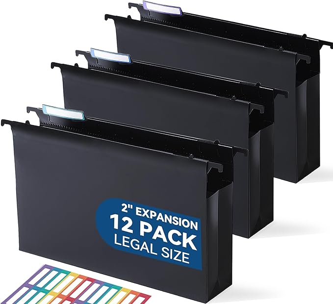 Plastic Extra Capacity Legal Size Hanging File Folders, 2" Expanding Pocket, Heavy Duty for Filing Cabinet, Insertable 1/5-Cut Tabs - 12 Pack