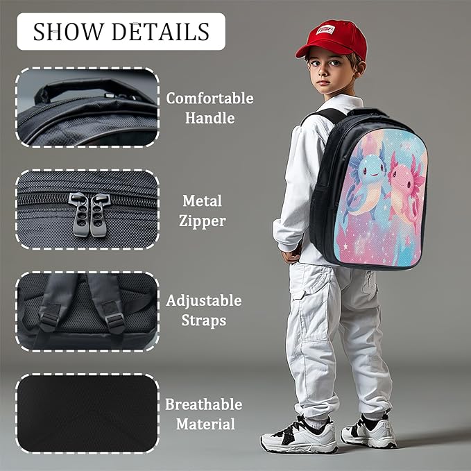 Cute Axolotl Backpack Set 3 Piece School Bags and Lunch Box with Pencil Case Pink Blue Axolotl Bookbag Set for Toddler Kids Girls Boys Teens Kindergarten Elementary Middle