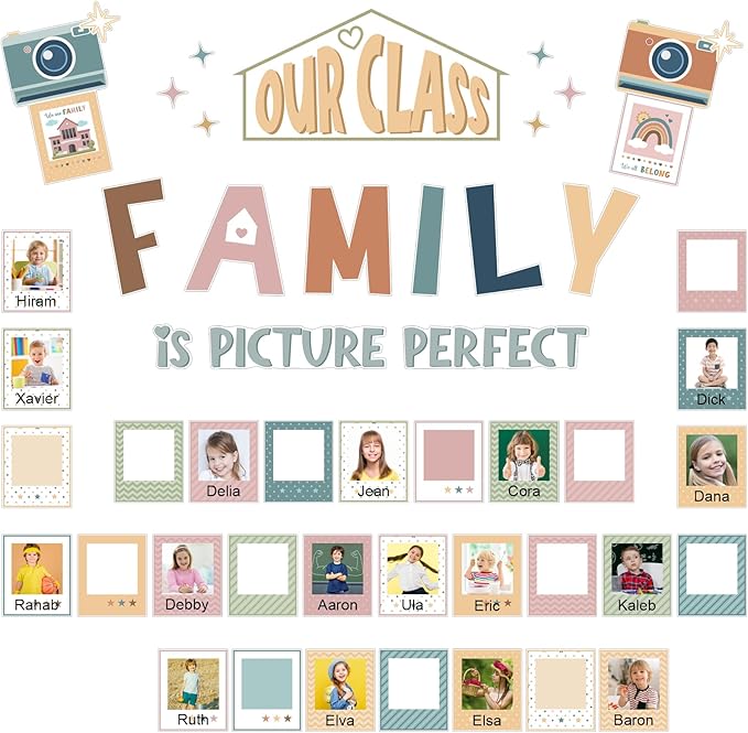 52 Pcs Boho Bulletin Board Decor for Classroom, Our Class is a Family Picture Frame Bulletin Board Set for Teachers Chalkboard School Home Door Decor