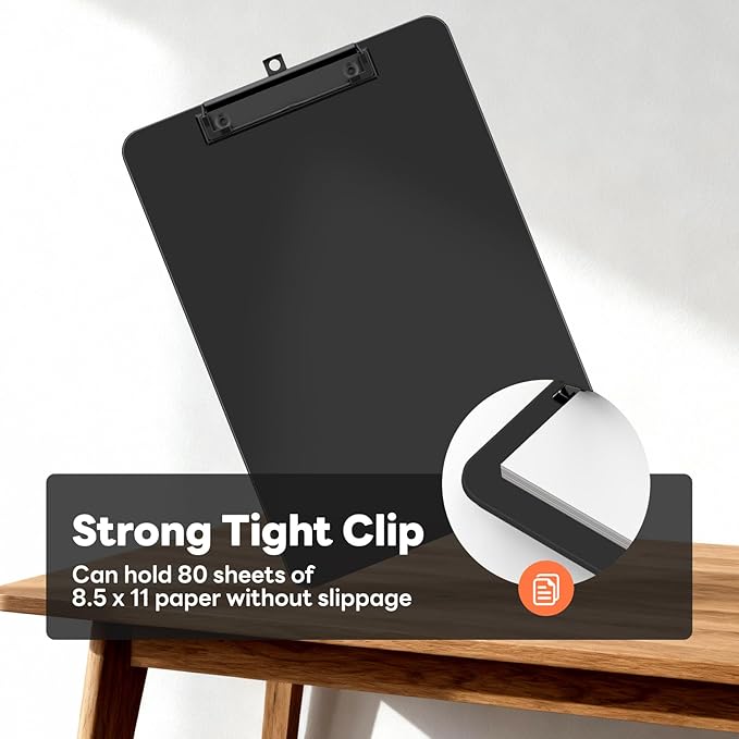 Plastic Clipboard, 12.5 x 9'' Letter Size for Classroom, Students, Teacher, Nurse, A4 Black 8.5 x 11'' Clip Board with Low Profile Black Clip, Office & School Supplies