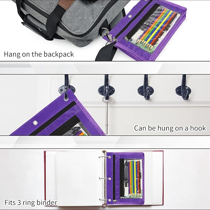 YoeeJob 6 Pack 1 Inch Expandable Zipper Pencil Pouches with Clear Window for 3 Ring Binder, Suitable for School & Office(Purple)