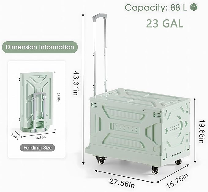 VECELO Foldable Shopping Cart with Wheels, Collapsible Rolling Crate for Groceries, Folding Storage Box with Handle, Three Modes of Use, Ideal for Teacher, Trip, Outdoors, Etc., 23GAL, Green