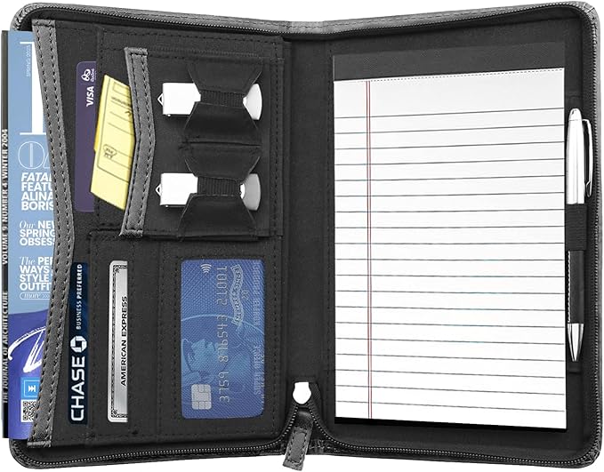 Junior Business Padfolio - A5 PU Leather Portfolio Binder & Zippered Binder Folder with 5 x 8 Writing Pad and Interior Storage Pocket Executive Business Organizer for Men Women,Gray