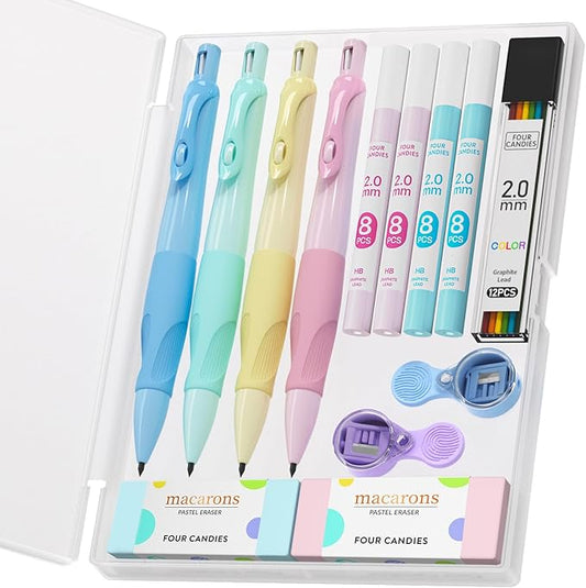 Four Candies 2.0MM Mechanical Pencil with Comfort Ergonomic Grip, 4PCS Cute Mechanical Pencils with 44PCS Lead Refills, 2PCS Sharpeners/Erasers, Aesthetic School Supplies for Kids Writing Drawing