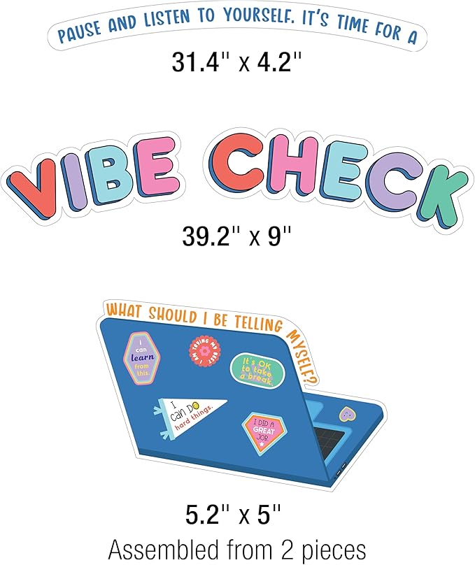 Carson Dellosa Education We Stick Together 51-Piece Vibe Check Bulletin Board Set, Colorful Laptop, Water Bottle, Notebook & Sticker Accents for Bulletin Board, White Board & Colorful Classroom Décor