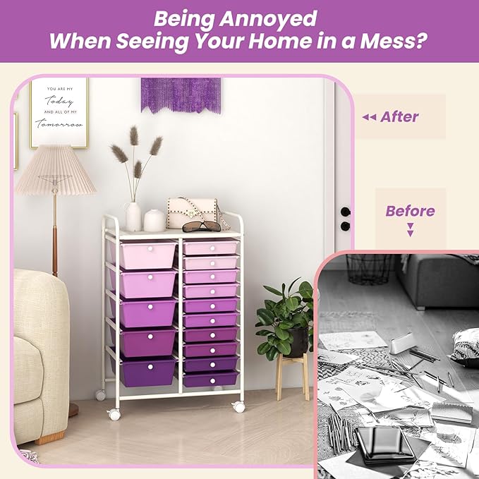 COSTWAY 15 Drawer Rolling Storage Cart, Mobile Utility Cart with Lockable Wheels, Drawers, Multipurpose Organizer Cart for Home, Office, School, Gradient Purple