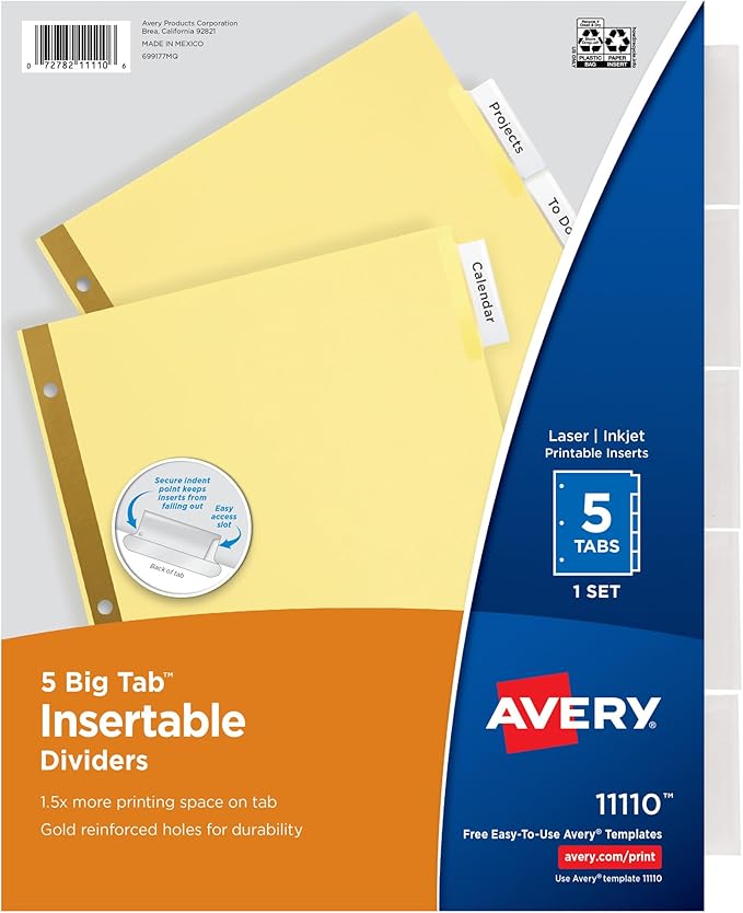 Avery Insertable Dividers for 3 Ring Binder, 5-Tab Set, Clear Big Tabs, Buff Paper with Gold-Reinforced, 1 Set, Great for Organizing Projects, Reports, Finances, and More (11110)