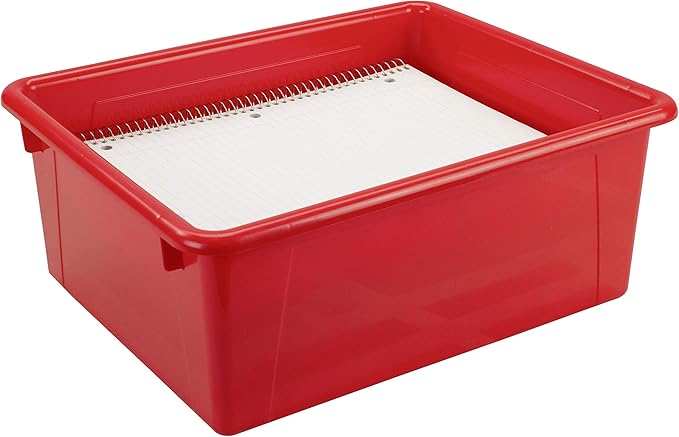 Storex Letter Size Deep Storage Tray – Organizer Bin with Non-Snap Lid for Classroom, Office and Home, Red, 5-Pack (62545A05C)