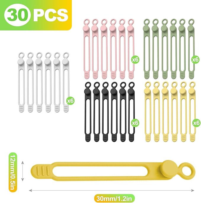 30 Pack Silicone Cable Ties Reusable Twist Ties for Cord Management Flexible Wire Organizers for Charging Cables Earbuds Power Cords Home Office Travel Accessory Multicolor