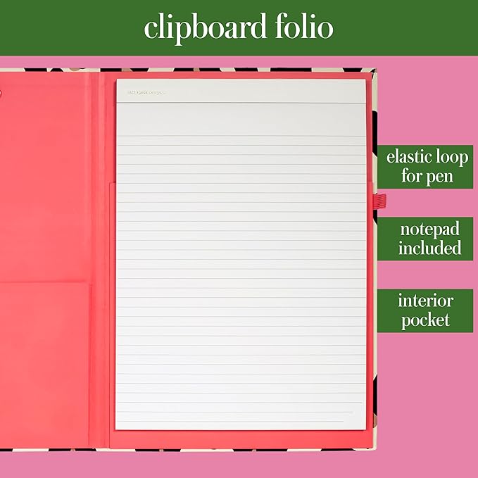 Kate Spade New York Leopard Print A4 Clipboard Folio with Low Profile Clip, Professional Padfolio Includes Lined Notepad, Pen Loop, and Pocket, Forest Feline