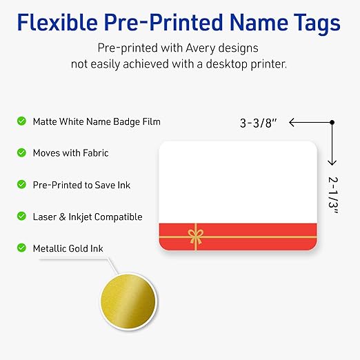 Avery Printable Christmas Adhesive Name Badges, Rectangle, 2-1/3" x 3-3/8", Pre-Printed Red Gift with Metallic Gold Bow Design, Matte White, Laser & Inkjet Compatible, 80 Total
