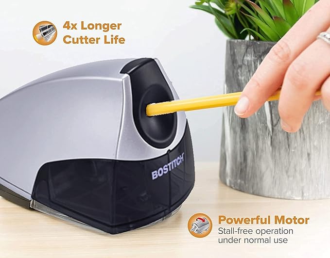 Bostitch Electric Pencil Sharpener, Heavy Duty HHC Cutter Tech, Stall-Free Motor, High Capacity Tray, for Office or Classroom, Silver