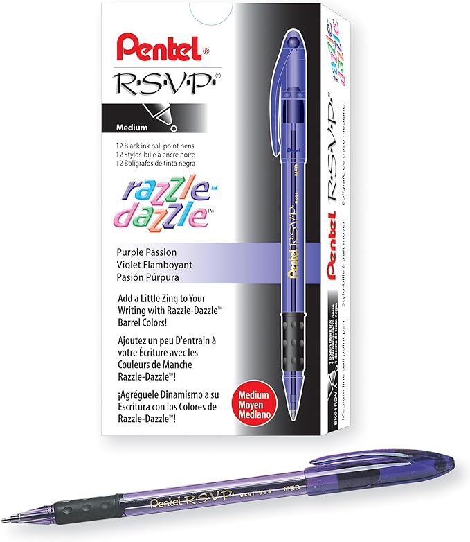 Pentel RSVP Razzle-Dazzle Ballpoint Pen, (1.0mm) Medium Line, Violet Barrel, Black Ink, Box of 12 (BK91RDV-A)