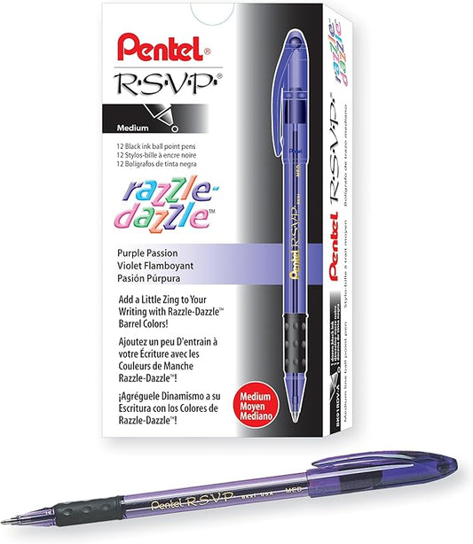 Pentel RSVP Razzle-Dazzle Ballpoint Pen, (1.0mm) Medium Line, Violet Barrel, Black Ink, Box of 12 (BK91RDV-A)