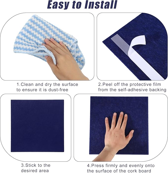 Large Cork Board 36" x 24", 6 Pack Felt Bulletin Board with 30 Pushpins, Cork Boards Alternative with Self-Adhesive Strips, Felt Wall Tiles Pin Boards for Walls Office Home School Decor-Dark Blue