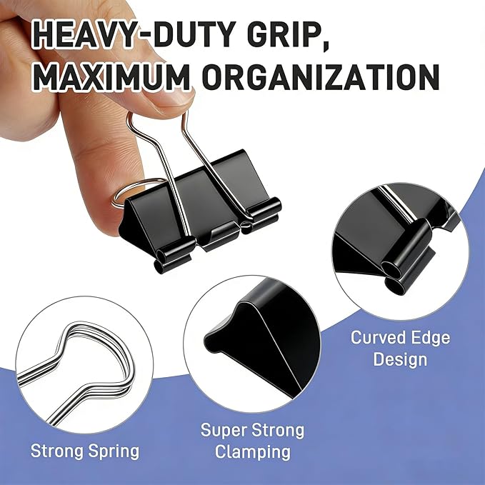 180 Pack All Black Binder Clips Bulk, 4 Size Assortment Includes Large, Medium, Small, Mini Metal Clips (1.26”, 1”, 0.75”, 0.6”), Heavy-Duty Metal Paper Clamps for Office & School Supplies