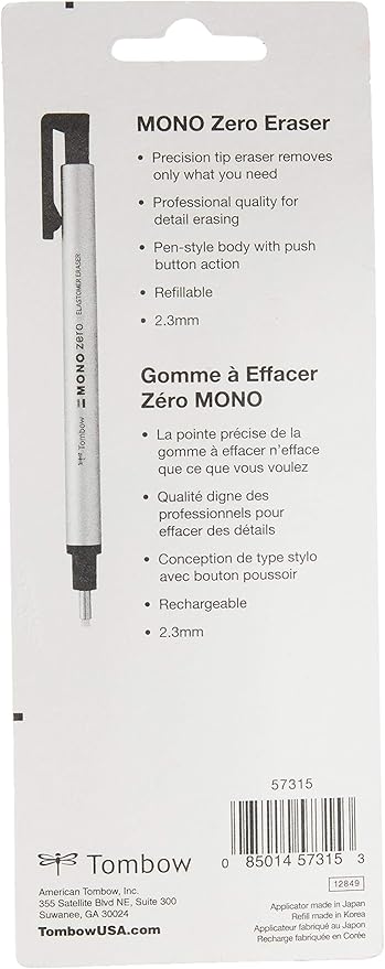Tombow Mono Zero Eraser and Refill Value Pack, Round 2.3mm. Precision Tip Pen-Style Eraser with Refill, Black & 57316 Mono Zero Eraser Refills, Round, Mono Zero Precision Tip Eraser Refills, 2.3 mm