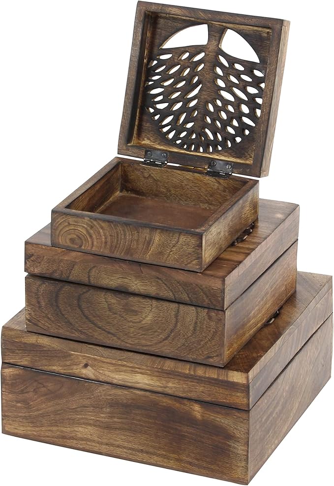 Deco 79 Wood Tree Handmade Decorative Box Decorative Keepsake Boxes with Hinged Lid, Set of 3 Storage Boxes, Brown