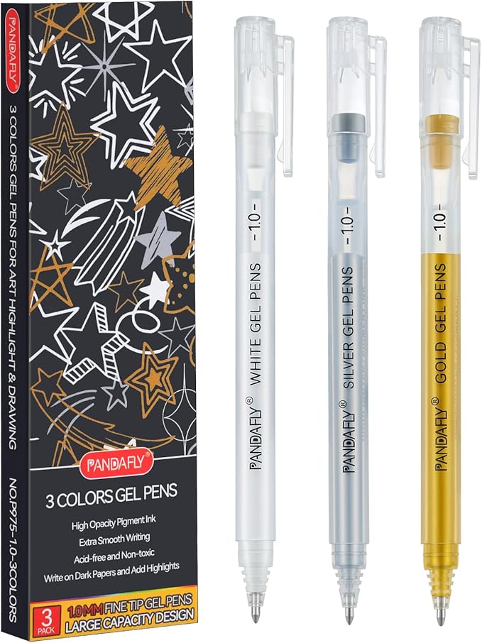 PANDAFLY Gold Silver White Gel Pens, 1mm Fine Point Opaque Archival Ink Pen for Journaling, Art, or Drawing - For Artist Gifts, Holiday Gifts & DIY Projects, 3 Pack