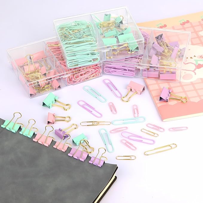 Cute Paper Clips Binder Clips Combo Set, Assorted Size Paper Clips for Office, Cute Office Supplies Set,