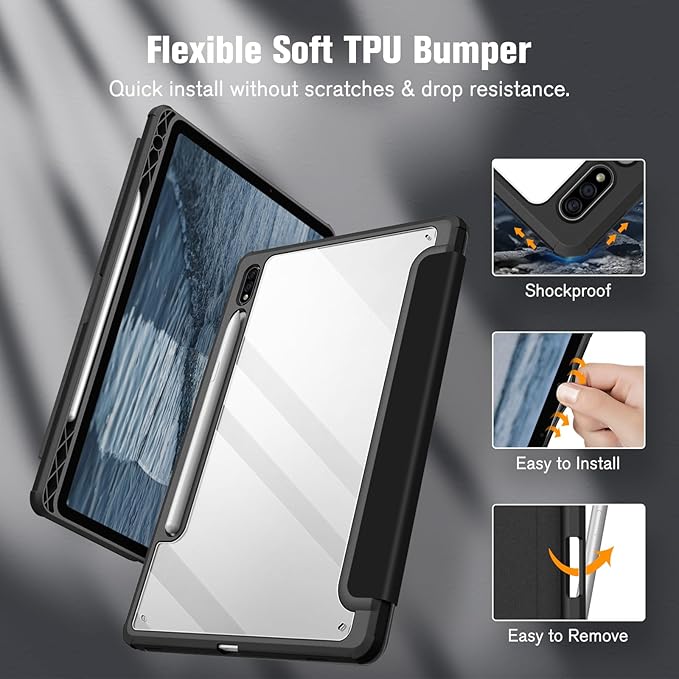 Fintie Hybrid Slim Case for Samsung Galaxy Tab S8/Tab S7 11 Inch (Model SM-X700/X706/T870/T875/T878) with S Pen Holder, Shockproof Cover with Clear Transparent Back Shell, Black