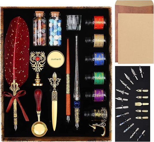 Quill Feather Pen and Ink Set, Calligraphy Pen Glass Dip Pen and Wax Seal Stamp Kit (Red)