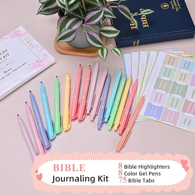 7-ackz Bible Highlighters Assorted Colors and Gel Pens Set, 8 Pastel Highlighter Markers 8 Colored Ink Gel Pens, 75 Tabs,Quickly Dry for Bible Study, Motivational Gift for Christians