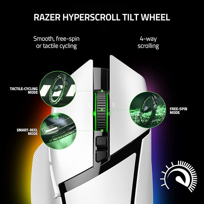 Razer Basilisk V3 Pro Customizable Wireless Gaming Mouse: Fast Optical Switches Gen-3 - HyperScroll Tilt Wheel - Chroma RGB - 11 Programmable Buttons - Focus Pro 30K Optical Sensor - White (Renewed)
