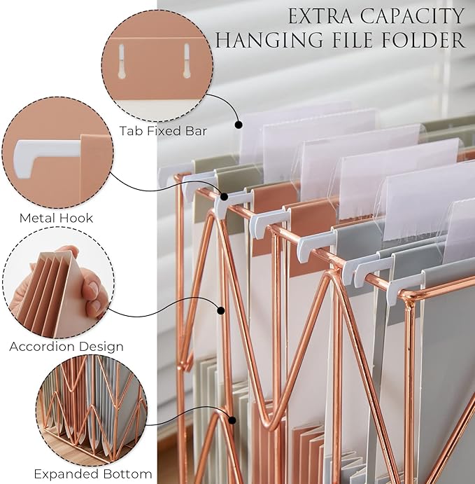 Y YOMA Letter Size - 6 Pack Extra Capacity Hanging File Folders Accordion Decorative File Folder Cute Colored Hanging Folder Organizer for Office Home with 1/5-Cut Adjustable Tabs, Natural Color