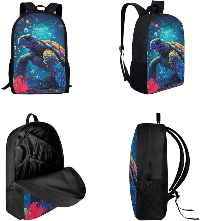 3 Pack Kids Backpack Sets for Girls Boys, Kids School Bookbag with Reusable Insulated Lunch Bag Pencil Case, Cartoon Sea Turtle-blue, One Size