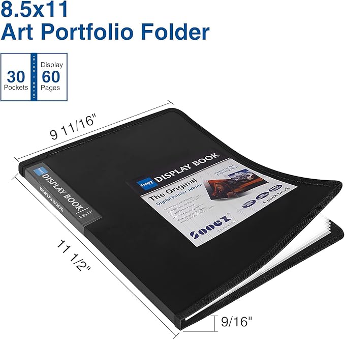 Sooez 30-Pocket Binder with Plastic Sleeves 8.5x11 (Black), Heavy Duty Art Portfolio Folder with Clear Sheet Protectors, Display 60 Pages, Presentation Book for Artwork, Document Organizer Binder