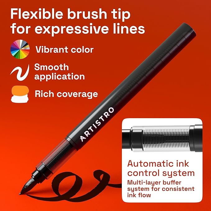 ARTISTRO 2 Black Acrylic Paint Markers - Brush Tip Paint Pens with Automatic Ink Control System for Rock, Egg, Wood, Fabric, Glass - Perfect for Crafting, Art Projects, & More