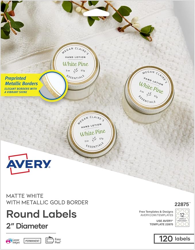 Avery Printable Round Labels, 2" Diameter, Matte White with Metallic Gold Borders, Permanent Adhesive, 120 Blank Labels, Great for Weddings, Showers, Holidays, and More (22875)