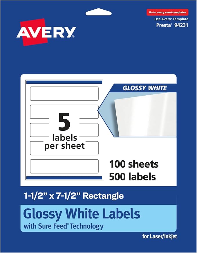 Avery Glossy White Rectangle Labels, Sure Feed Technology, 1.5" x 7.5", 500 Glossy White Labels, Print-to-The-Edge, Permanent Adhesive, Laser/Inkjet Printable